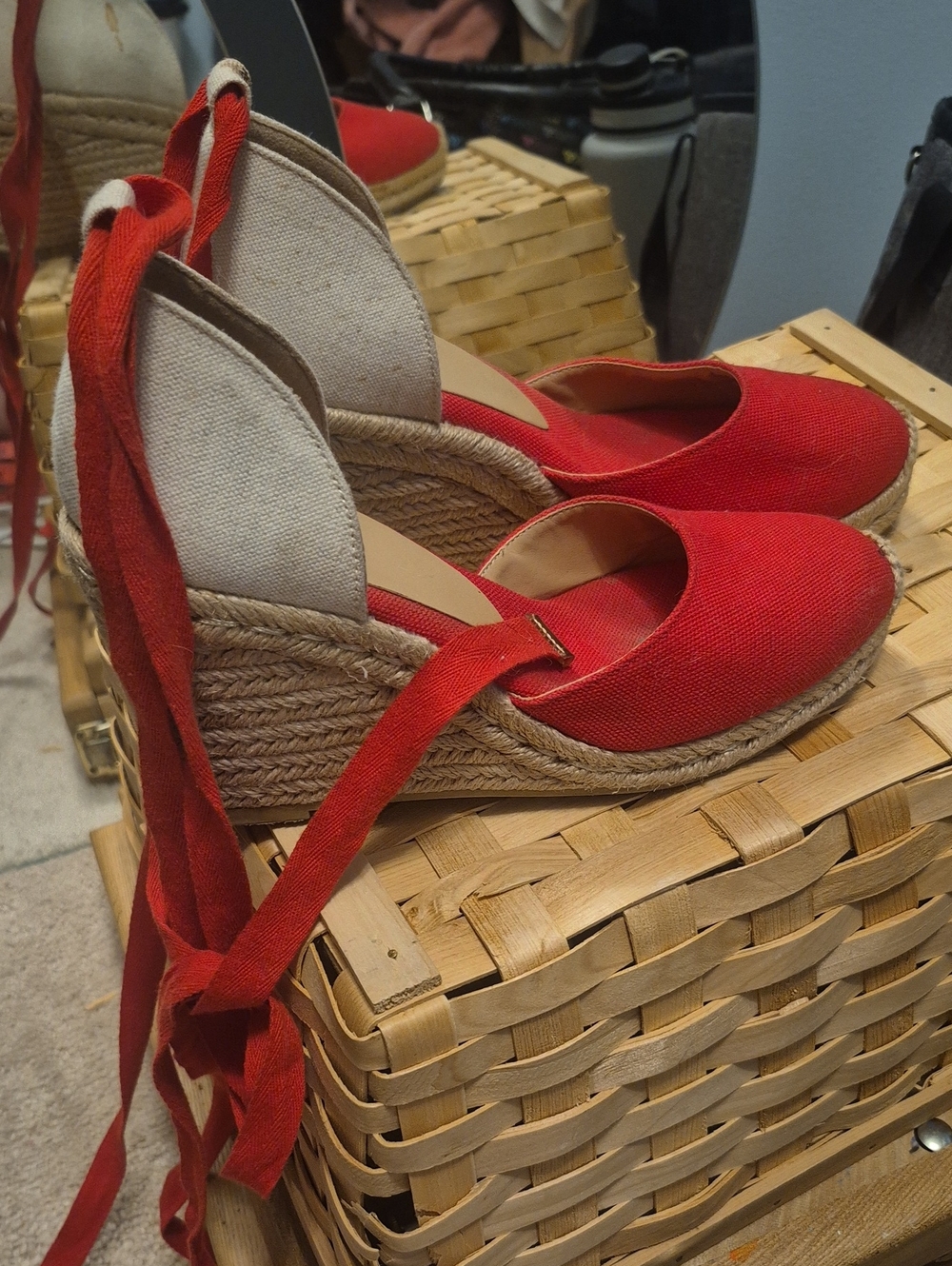 JustFab Red Canvas Espadrille Wedge Tie-Up Sandals
